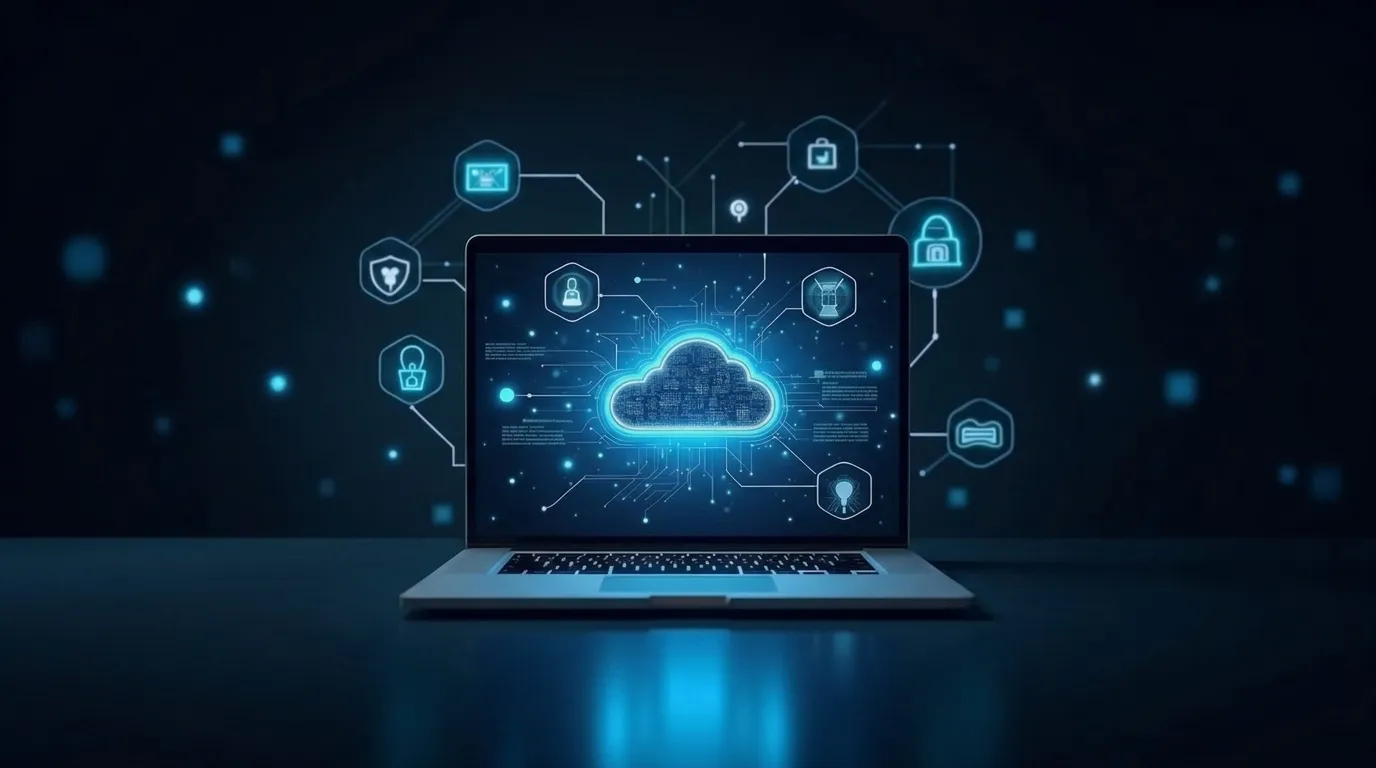 Notebook com ícones de cloud, segurança e tecnologia projetados na tela