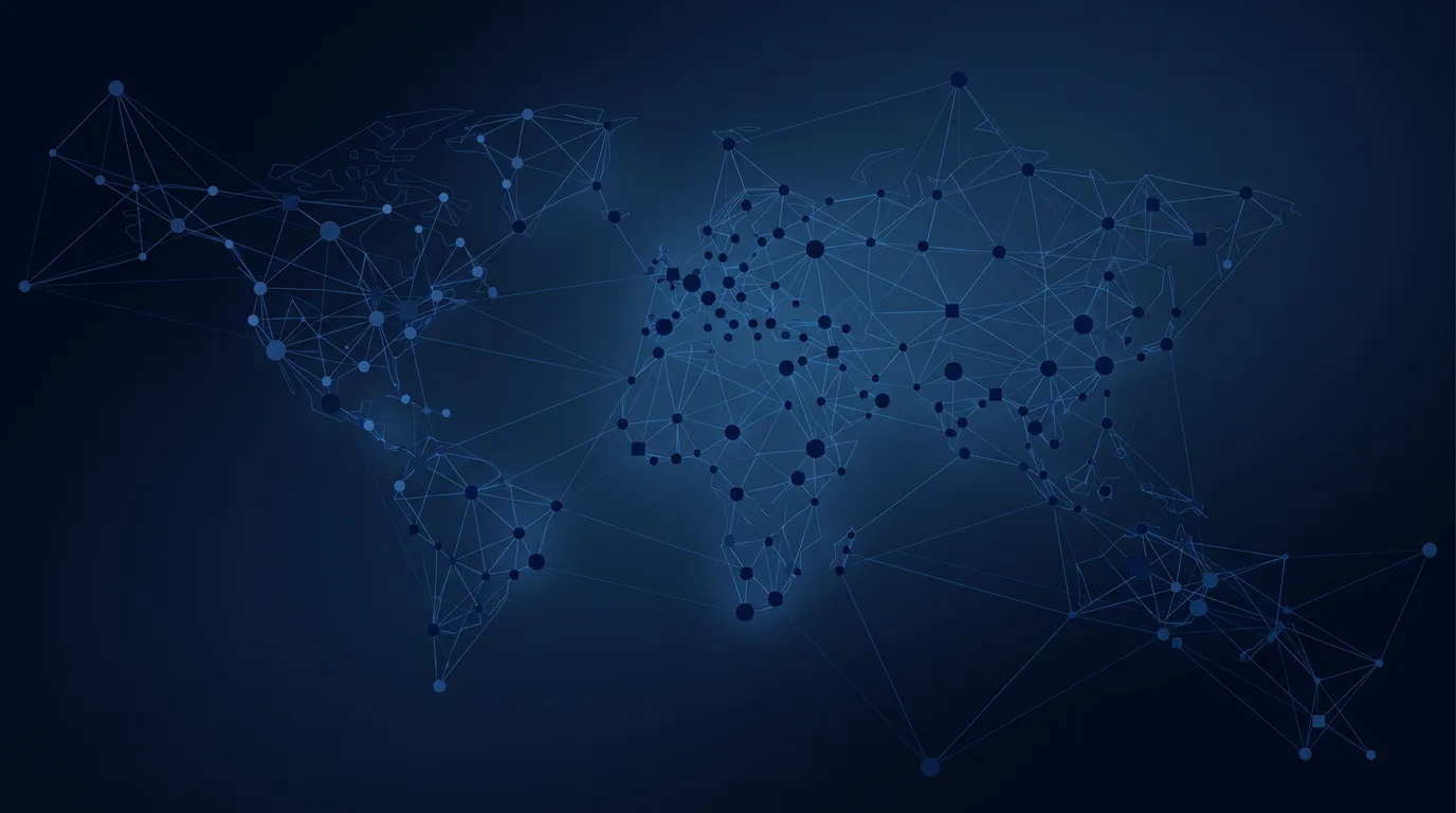 Visualização abstrata de uma rede global de pontos conectados em tons de azul