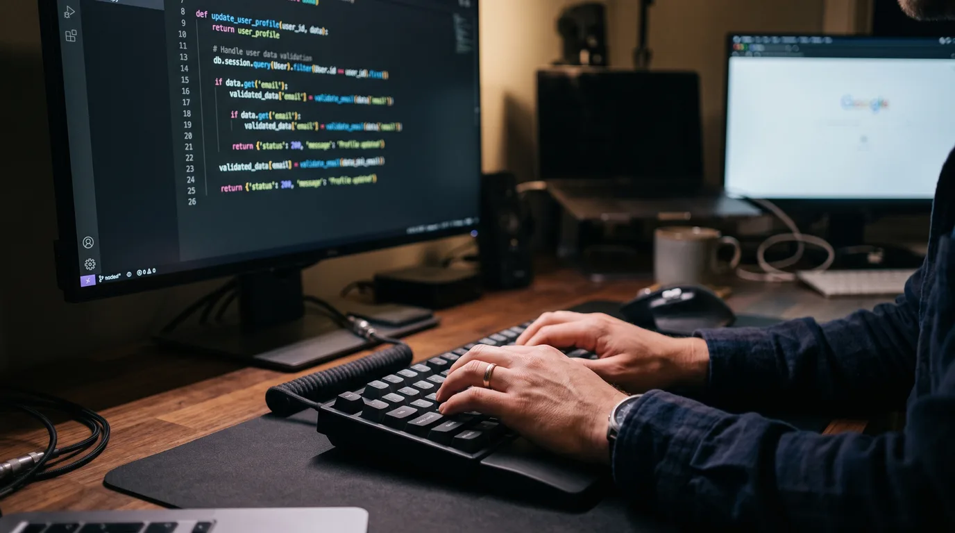 Mãos digitando em um teclado mecânico com código em Python visível na tela ao fundo