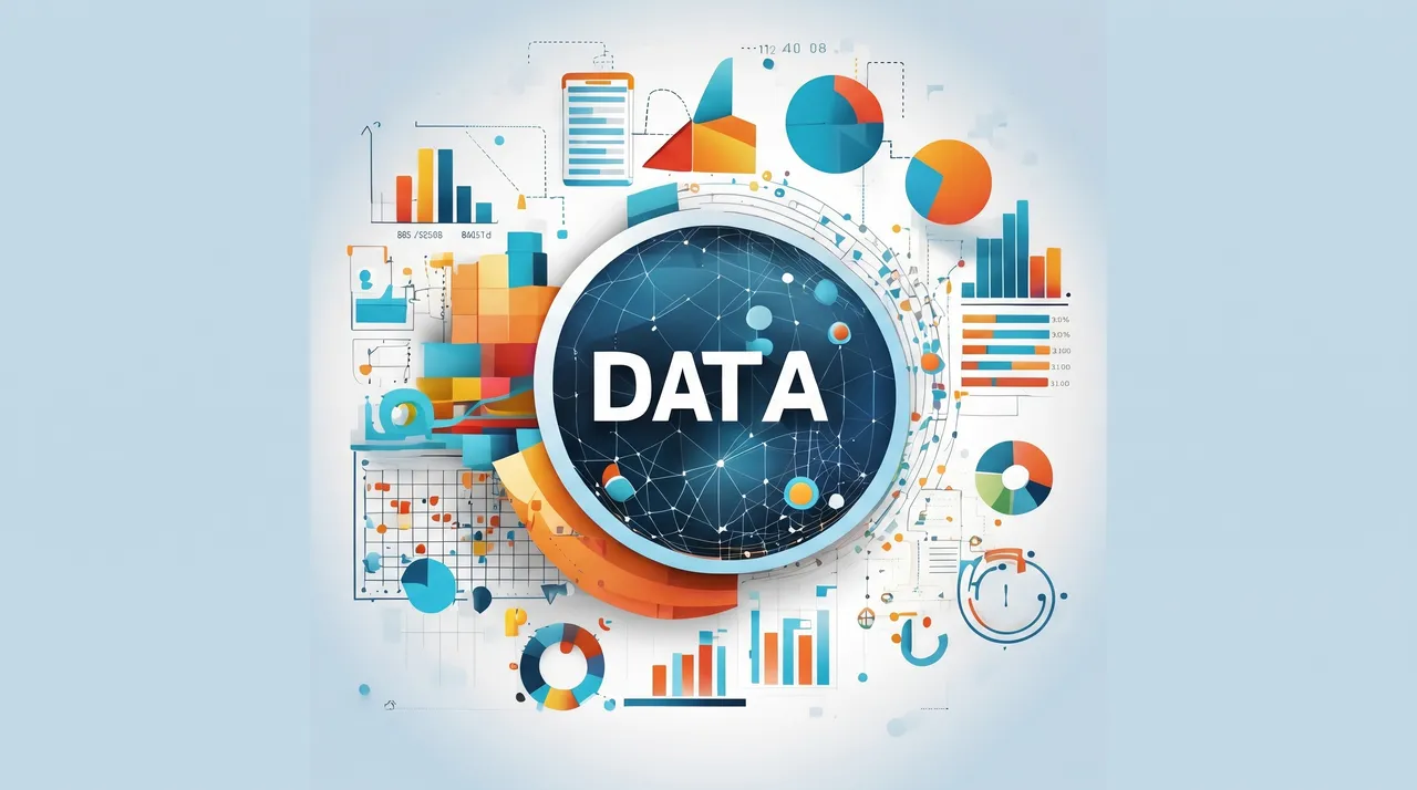 Ilustração com a palavra DATA cercada de gráficos e ícones de dados