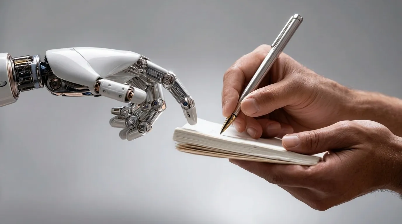 Mão de robô tocando a mão de uma pessoa segurando uma caneta sobre um caderno