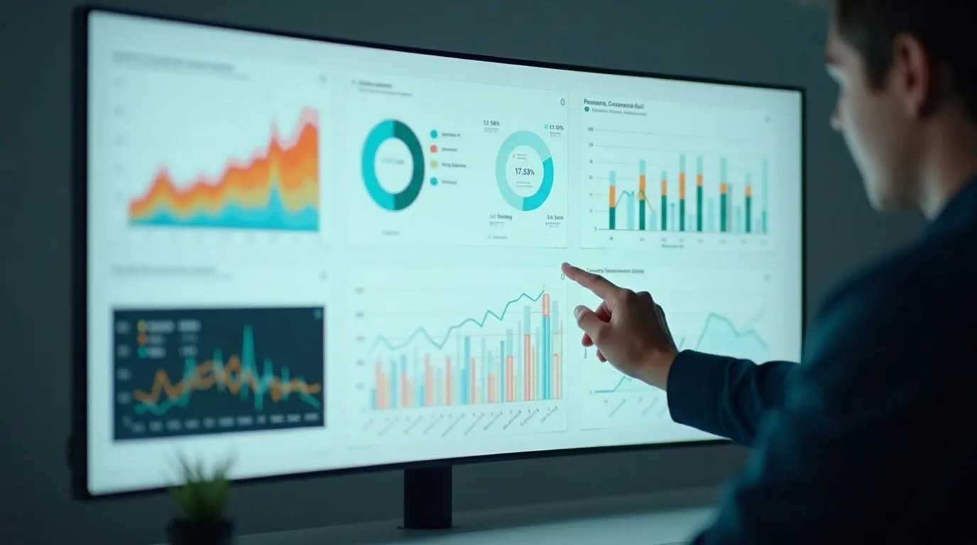Pessoa apontando para dashboard com gráficos de métricas em um monitor grande