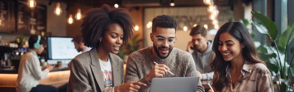 Equipe da SoftHubCO colaborando em um notebook em um café