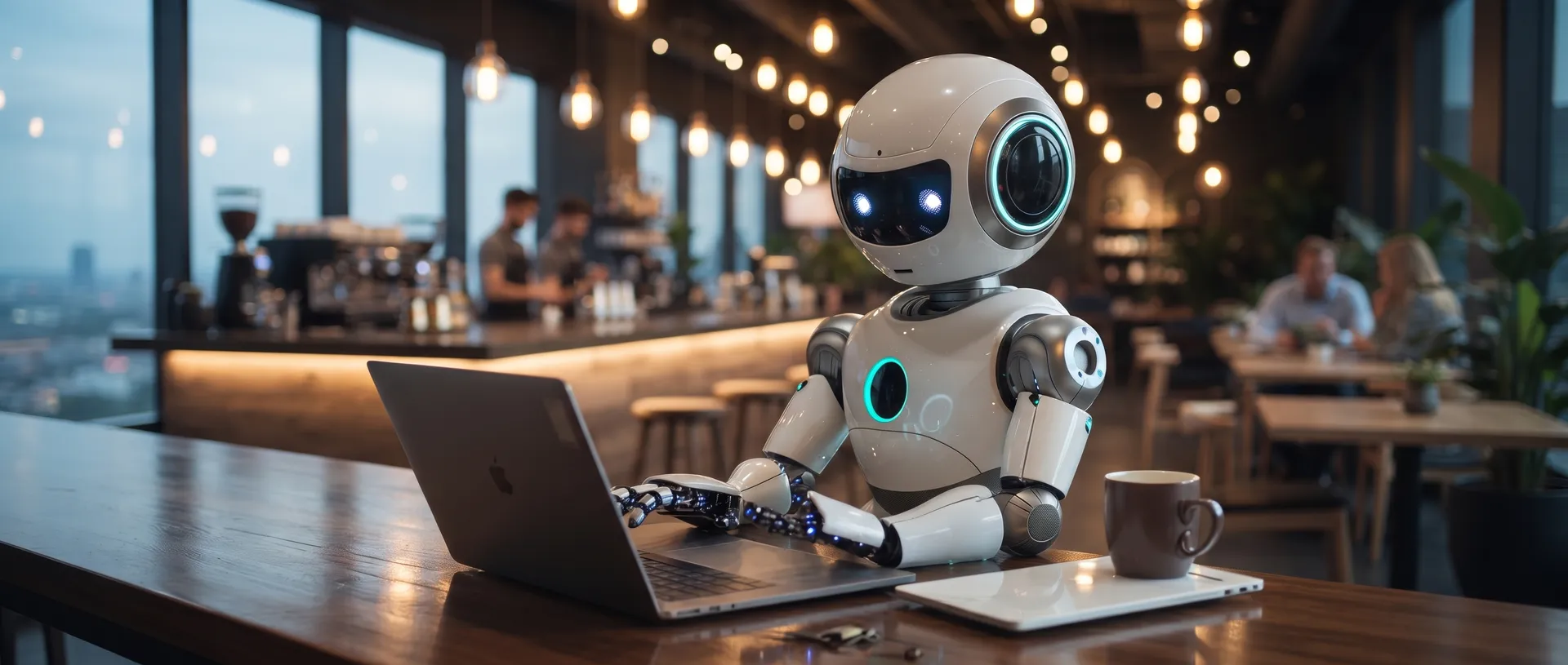 Robô assistente de IA trabalhando em um notebook em um café